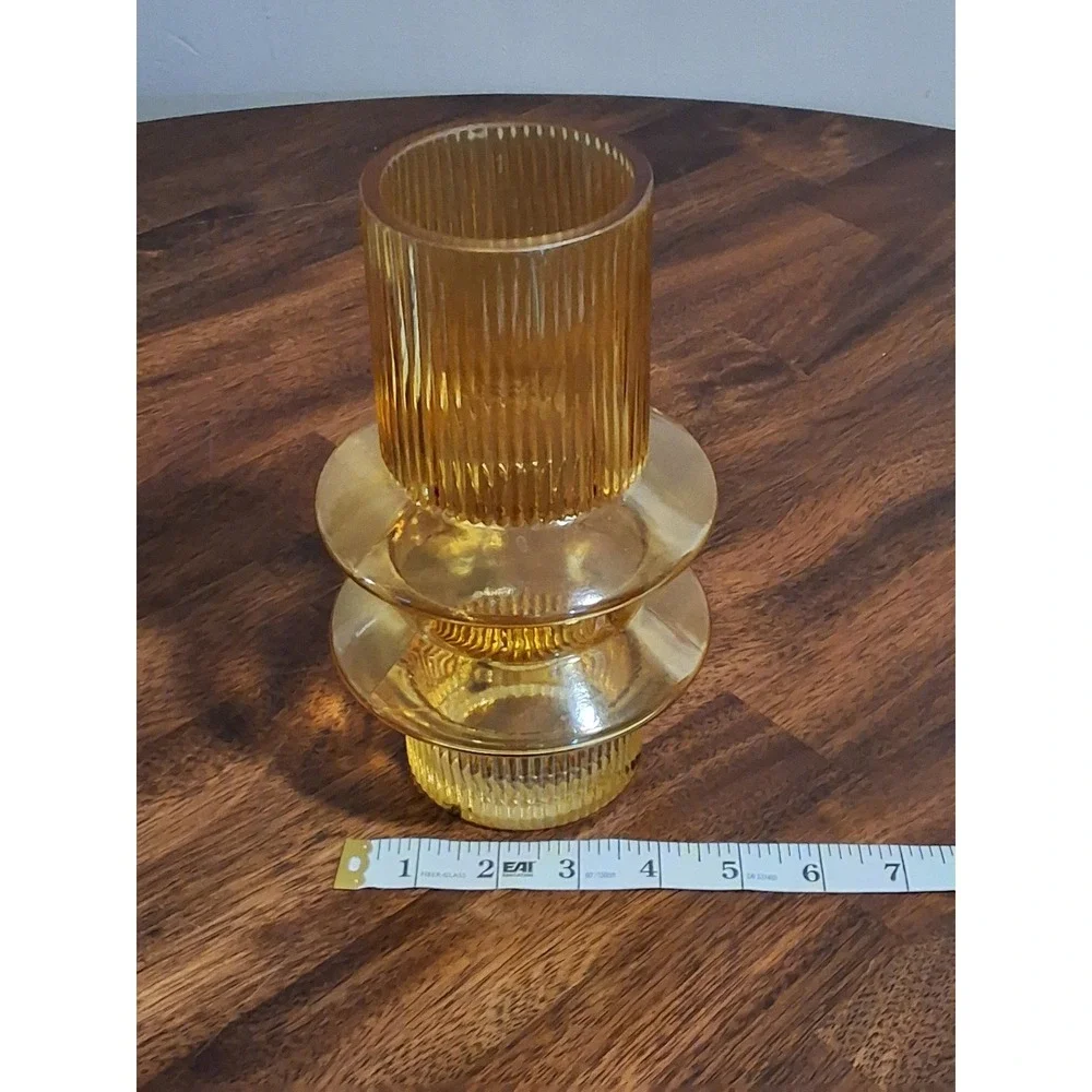 Amber Ribbed Glass Vase Mid Century Modern UFO Geometric Fluted Bud Vase 8 Inch